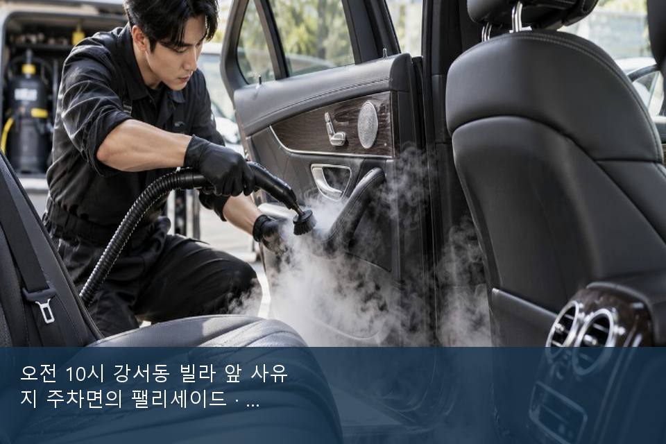 오전 10시 강서동 빌라 앞 사유지 주차면의 팰리세이드 · 비 갠 뒤의 작업